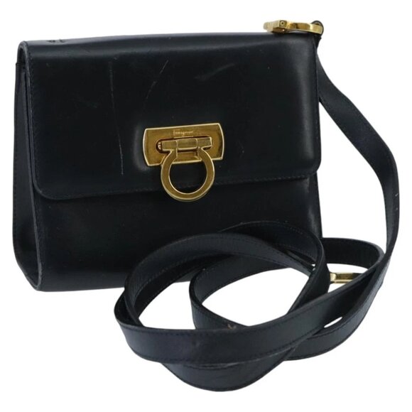 Salvatore Ferragamo Gancini Shoulder Bag Leather Navy Gold Auth 96590 - Picture 1 of 16